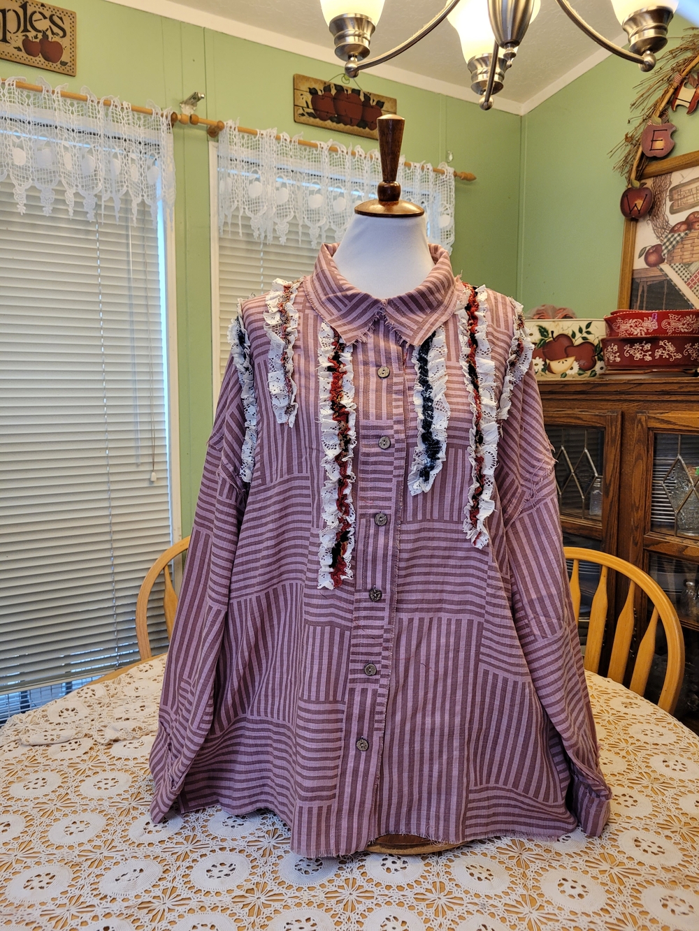 Oli & Hali Mauve Striped Button-Up Blouse with Fringe Trim